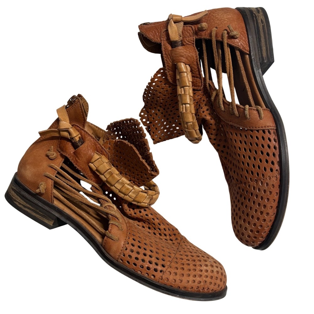 Free People Tan Perforated Leather Strappy Ankle Boots Made in Spain Size 38